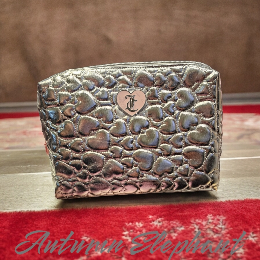 NWOT Juicy Couture Silver and Pink Heart Embossed Makeup Bag